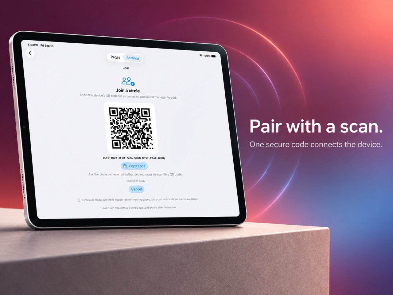 Sevloom QR pairing screen displayed on an iPad